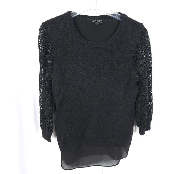Lucky Brand Womens Large Black 3/4 Lace Sleeve Crew Neck Linen Blend Sweater - Picture 1 of 9